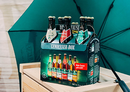 Die Distelhäuser Genießer-Box mit sechs ausgewählten Bierspezialitäten.